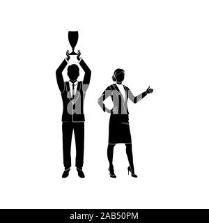 Feiern Geschäftsmann holding Sieger Cup Trophäe. Business Achievement Konzept. Flat Style Vektor-illustration schwarz auf weißem Hintergrund. ha Stock Vektor