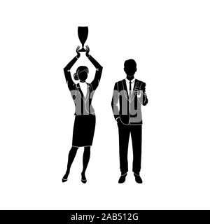 Feiern Business woman holding Sieger Cup Trophäe. Business Achievement Konzept. Flat Style Vektor-illustration schwarz auf weißem Hintergrund. Stock Vektor