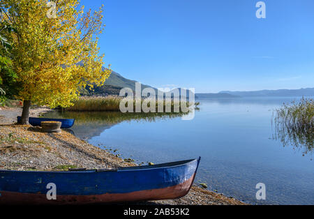 Herbst am Ufer des Ohrid-Sees in der Nähe von Peshtani im Norden von Mazedonien, Europa. Stockfoto