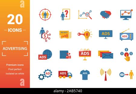 Werbung Icon Set. Gehören kreative Elemente focus group, Marketing, Affiliate Marketing, tv, Global Advertising Icons. Kann verwendet werden für Stock Vektor