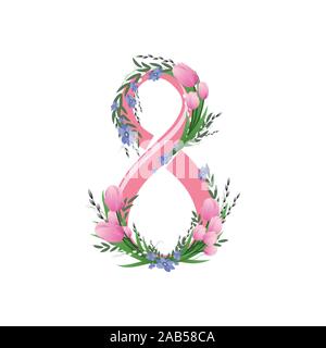 Schöne Abbildung 8 (acht) mit Blumen. 8. März Stock Vektor