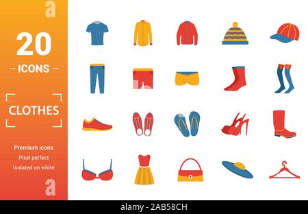 Kleidung Icon Set. Gehören kreative Elemente t-shirt, Jacke, Hose, Socken, Schuhe Symbole. Kann für Bericht, Präsentation, Grafik, Web Design Stock Vektor