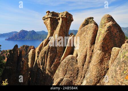 Granit Felsen auf der Küstenstraße durch die calanche Piana im Naturpark Korsika, in Porto, Korsika, Frankreich, Europa Stockfoto