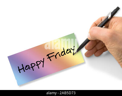 Hand schreiben Happy Freitag mit einem Bleistift auf einem farbigen Blatt auf weißem Hintergrund Stockfoto