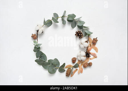 Kranz herbst Eukalyptus Blätter und Eicheln, Kegel Frame auf weißem Hintergrund mit Platz für Ihren Text. Flach, Ansicht von oben Stockfoto