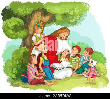 Jesus die Bibel lesen mit Kindern. Christian Cartoon Illustration Stockfoto