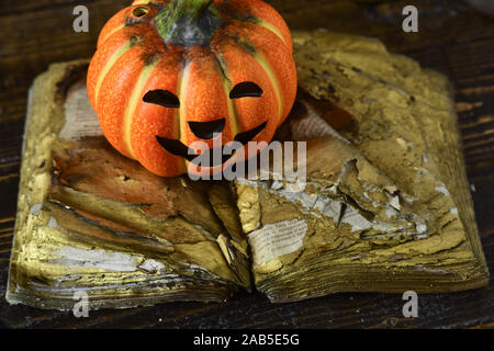 Kürbis mit glücklichen geschnitzten Fläche liegt auf dem alten Buch öffnen. Jack O Lantern in oranger Farbe auf Gebrannten golden Zauberbuch auf Holz- Hintergrund. Halloween Dekorationen Konzept Stockfoto