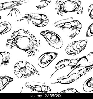 Meeresfrüchte Vektor nahtlose Muster, Essen vector Hintergrund in Skizze Stil: Hummer, Krabben, Garnelen, Austern, Muscheln Stock Vektor