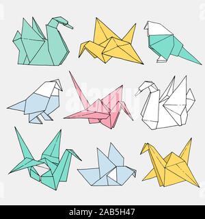 Origami Vögel formen Vektor einrichten, Hand gezeichnet Ordner Papier kunst Farbe Tier Abbildung auf hellen Hintergrund isoliert: Kran, Schwan, Taube, Papagei Stock Vektor