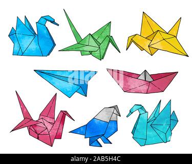 Origami Hand gezeichnet Vektor einrichten, Aquarell Stil, Ordner, Papier kunst Farbe Tiere, Vögel, Schiff, Flugzeug Formen auf weißem Hintergrund Stock Vektor