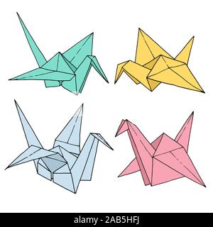 Origami Vögel Kran formen Vektor einrichten, Hand gezeichnet Ordner Papier kunst Farbe Tier Abbildung auf weißem Hintergrund Stock Vektor