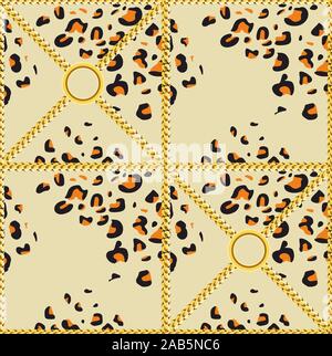 Leopard skin Muster mit goldenen Ketten. Luxus Design Print für Gewebe. - Vektor Stock Vektor