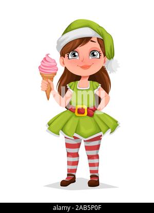 Frohe Weihnachten. Fröhliches Mädchen in Tracht von elf. Kind in Santa Claus Helfer Kostüm. Cute cartoon Charakter. Vector Illustration auf weißem Hintergrund Stock Vektor