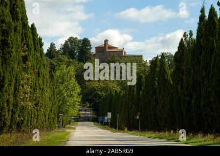 Straße, die zu Kirche und Kapelle von Montesiepi, Toskana, Italien Stockfoto