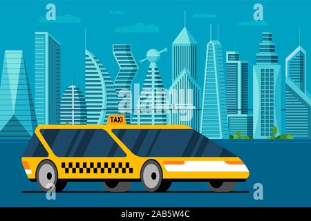 Futuristisches gelbes Auto auf zukünftiger Stadtlandschaft Straße. Autonom Taxi Taxi Taxi Fahrzeug-Service in Smart City mit Wolkenkratzern und Türmen. Flache Vektorgrafik Stock Vektor