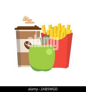 Mit Pommes frites, Apple und Kaffee zum Mitnehmen auf isolierten Hintergrund Mittagessen. Fast food. Flache Bauform. Stock Vektor