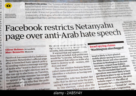 "Facebook beschränkt Netanjahu Seite über anti-arabischen hate speech' Guardian Schlagzeile Innenseiten London England UK 13. September 2019 Stockfoto