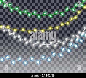 Weihnachten bunte Lichter auf dunkelblauem Hintergrund. Leuchtende Lichter für Weihnachten und das neue Jahr. Girlande grün, blau, gold. Sammlung von glühenden Girlande Stock Vektor