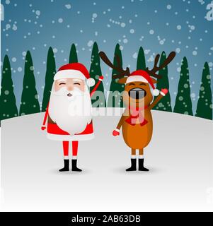 Santa Claus und lustige Rentiere im Winter Wald auf einem Hügel Welle ihre Hand Stock Vektor