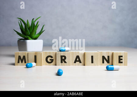 Foto- das Wort Migräne zusammen mit paracetamol tabletten Stockfoto