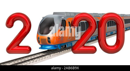 2020 Konzept mit modernen Zug, 3D-Rendering auf weißem Hintergrund Stockfoto