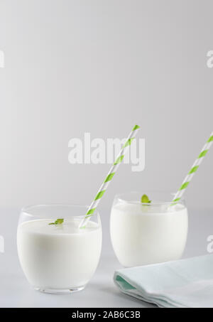 Ayran, Joghurt Drink (kefir, Lassi) mit Minzeblatt in zwei Gläser. Erfrischenden kalten Getränk. Vertikale Ausrichtung mit Kopie Raum, selektive konzentrieren. Stockfoto