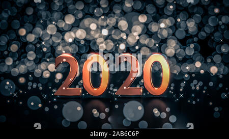 In der Nähe von Gold Nummer 2019 auf reflektierenden schwarzen Boden mit Ice Blue bokeh Hintergrund. Frohes neues Jahr 2020 Frohe Weihnachten Karte. 3D-Rendering. Stockfoto
