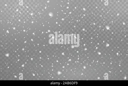 Schneefall realistisch auf transparentem Hintergrund. Weihnachten fallen Schneeflocken. Winter Textur mit Defokussierten Schnee. Realistische Schneesturm. Blizzard Textur. Stock Vektor