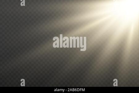 Sun Licht auf transparentem Hintergrund. Sonnenlicht Wirkung mit leuchtenden Strahlen. Leuchtend gelbe Balken und Objektivreflexionen. Sunshine Vorlage. Weiß glänzend Sonnenstrahlen. V Stock Vektor