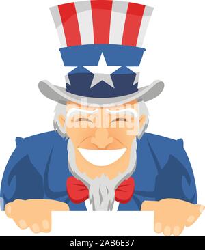 Uncle Sam glücklich lächelnd mit amerikanischen gekennzeichnete Zylinderhut und blauen Anzug mit Red Ribbon-Vektor-Illustration. Stock Vektor