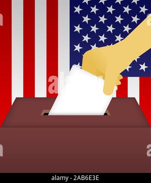 Abstimmung-Urne mit Menschenhand und amerikanische Flagge Hintergrund-Vektor-Illustration. Stock Vektor