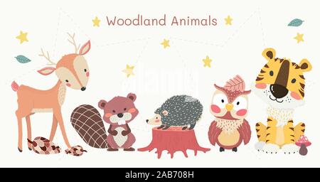 Cute Waldtieren clip art, Tiger, Rentier, Owl, Biber und Igel Stock Vektor