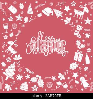 Weihnachten doodle Element Symbol Hintergrund. Satz flacher Vektor illustation Weihnachten Symbol mit Frohe Weihnachten. Muster für Grußkarten, Flachbild-Vektor Stock Vektor