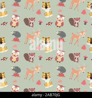 Cute Waldtieren Charakter Herbst nahtlose Hintergrund Idee für Karte, Geschenkpapier, bedruckbar Stock Vektor