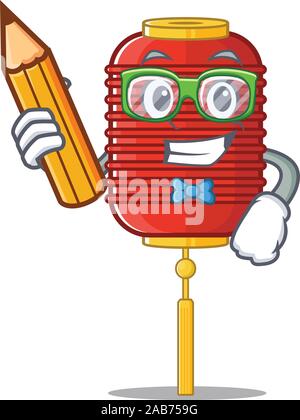 Cool smart Student chinesische Laterne Charakter holding Bleistift Stock Vektor
