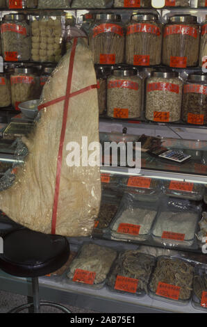 Getrocknete marine Proben in der chinesischen Medizin. Die großen Fin ist wahrscheinlich aus einem riesenhaie. Hongkong Stockfoto