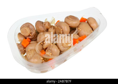 Täglich Lebensmittel - Kleine champignon Champignons mariniert mit Zwiebeln und Möhren in einem transparenten Plastikbehälter. Mit dem Patch auf Weiß isoliert Stockfoto