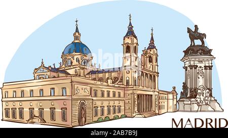 Almudena Kathedrale und Parque del Buen Retiro Vector Illustration Stock Vektor