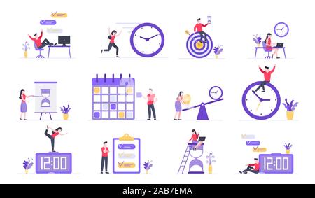 Effektive Planung Zeit Management Business Konzept gesetzt. Business Menschen Zeichen, flacher Stil clipart für Werbebanner auf weißem Hintergrund Stock Vektor