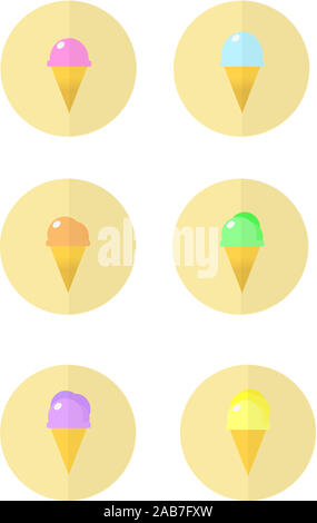 Minimalistische Darstellung einer Reihe von Eistüten auf gelben Kreis Hintergrund. Eingestellt von süßen Eis Vector Icons. Gelber Kreis drücken. Stockfoto