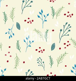 Florale nahtlose Muster. Zweige, Blätter und Beeren der Eberesche auf einem beigen Hintergrund. Herbst und Winter Abbildung. Vektor doodle für Gewebe, umhüllen. Stock Vektor