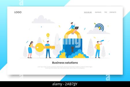 Business Internet Startseite Konzept Vorlage. Creative Business Menschen Figuren gemeinsam mit großen Schloss und Schlüssel. Schlüssel zum Geschäftserfolg t Stock Vektor
