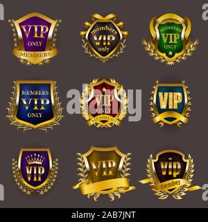Satz von Gold vip Monogramme für Grafik Design auf grauem Hintergrund. Stock Vektor