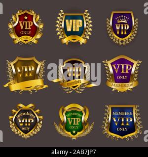 Satz von Gold vip Monogramme für Grafik Design auf grauem Hintergrund. Stock Vektor