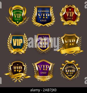 Satz von Gold vip Monogramme für Grafik Design auf grauem Hintergrund. Stock Vektor