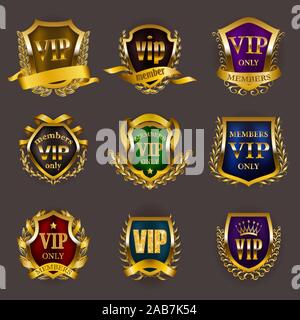 Satz von Gold vip Monogramme für Grafik Design auf grauem Hintergrund. Stock Vektor