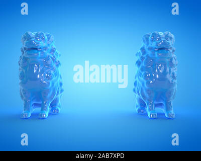 3D-gerenderte Abbildung von zwei Blue Lion Statuen Stockfoto