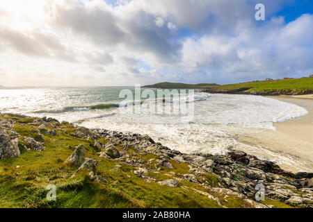 Mahlzeit Strand, Wellen und große Meere, stürmisches Wetter, Hamnavoe, West Burra Insel, in der Nähe von Scalloway, Shetlandinseln, Schottland, Großbritannien, Europa Stockfoto