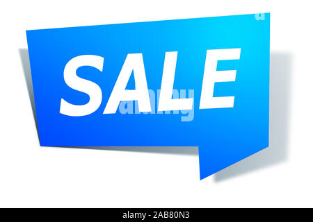 Ein blaues Etikett vor weissem Hintergrund mit der Aufschrift: "Verkauf"