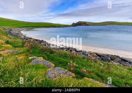 Minn Strand, Banna Minn, weißer Sand, türkisblaues Meer, Papil, West Burra Insel, Shetlandinseln, Schottland, Großbritannien, Europa Stockfoto